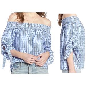 Chic Bardot Blouse Blue White Stripe Off Shoulder Smocked Tie Sleeve Top S